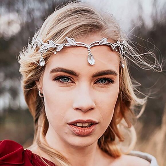 Rhinestone Leaf Wedding Crown Headband for Brides Crystal Pendent Tiara Headband - Picture 3 of 8